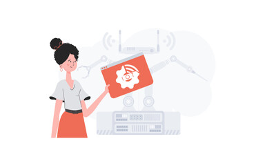 A woman is holding an internet thing icon in her hands. Internet of things concept. Good for websites and presentations. Vector illustration.