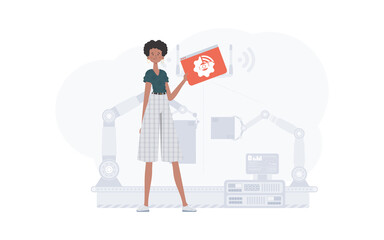 A woman is holding an internet thing icon in her hands. IoT concept. Good for websites and presentations. Trendy flat style. Vector.