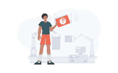 The guy is holding an internet thing icon in his hands. IoT concept. Good for websites and presentations. Trendy flat style. Vector.