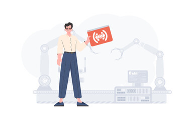 The guy is holding an internet thing icon in his hands. IoT concept. Good for presentations and websites. Vector illustration in flat style.