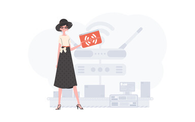 A woman is holding an internet thing icon in her hands. Internet of things concept. Good for presentations and websites. Vector illustration in flat style.