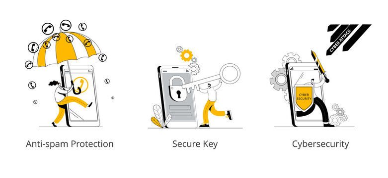 A Man With A Shield And A Sword Protects His Mobile Phone. A Set Of Vector Illustrations On The Topic Of Protecting Your Smartphone From Cyber Attacks, Hacking And Spam Calls.