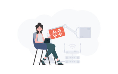 A woman is holding an internet thing icon in her hands. IoT concept. Good for presentations and websites. Vector illustration in trendy flat style.
