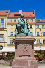  Old Statue of the Polish poet, playwright and comedy writer Aleksander Fredro on the Market Square in front of the Town Hall of Wroclaw, Poland - obrazy, fototapety, plakaty