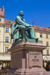 Old Statue of the Polish poet, playwright and comedy writer Aleksander Fredro on the Market Square in front of the Town Hall of Wroclaw, Poland