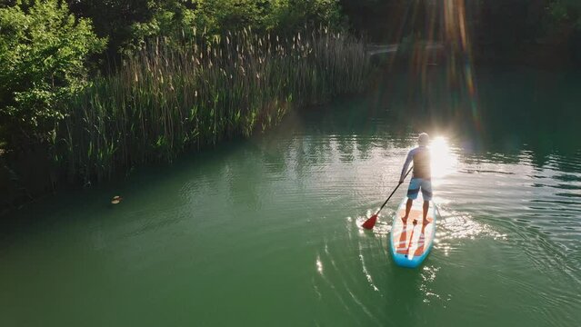 SUP surfer rows with orange paddle Man in swim suit standing on blue board sailing along calm lake water with forest and bright sunlight reflections, tracking aerial rising and moving away