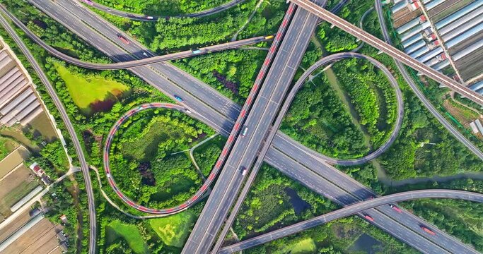 Aerial footage of urban expressway overpass. multi storey highway overpass. Transportation concept. 