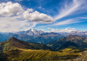 Wonderful landscape of  the Dolomites Alps. Amazing view of Marmolada mountain. Location: South Tyrol, Dolomites, Italy. Travel in nature. Artistic picture. Beauty world.