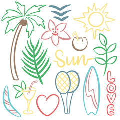 Fototapeta na wymiar Summer doodle vector set. Hand drawn palm tree silhouettes, cocktails, surf and vacation. Sunny summer beach holiday concept