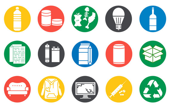 Set Of Various Garbage. Recycling Vector Icons. Sorting Garbage. Fill Icon Signs Of Trash Types For Recycle In Color Circle On White Background