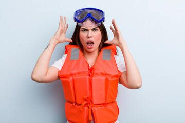 young adult pretty woman. life jacket and summer concept