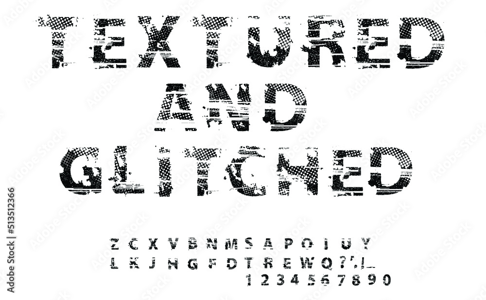 Poster  Overlay distorted font . alphabet .Minimal art design . Textured letterpress typography . Glitched text .Broken effect lettering .vector 