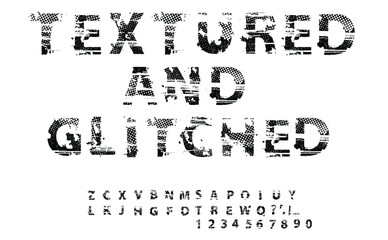  Overlay distorted font . alphabet .Minimal art design . Textured letterpress typography . Glitched text .Broken effect lettering .vector 