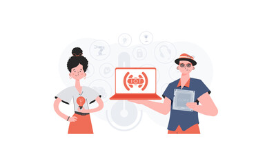 The girl and the guy are a team in the field of Internet of things. Internet of things concept. Good for presentations and websites. Vector illustration.