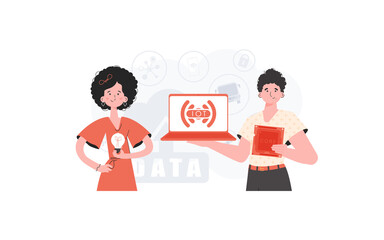 Fototapeta na wymiar The girl and the guy are a team in the field of Internet of things. IoT concept. Good for websites and presentations. Vector illustration in trendy flat style.