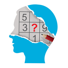 
Torn paper Male head with sudoku and Pencil. 
Stylized male head silhouette of sudoku player. Vector available.