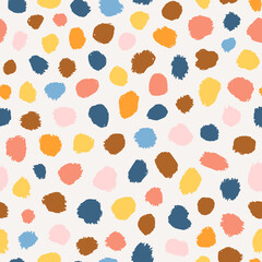 Multicolored abstract polka dot seamless repeat pattern. Random placed, irregular vector stains all over surface print on white background.