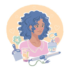Hair care, Girl and various items hair, curling iron, comb, gel, hair bands, spray. Vector illustration for postcards, stickers, posters. Cartoon style