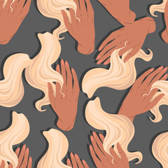 Hair care. Strand hair lies on hand. Vector seamless Pattern. Dark Background, wallpaper, cartoon style. Colorful trendy