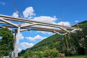 complexe construction site for the new railway trail from Stuttgart to Munich. Combined tunnel and bridge construction in the Fils Valley, Baden-Wuerttemberg, Germany 