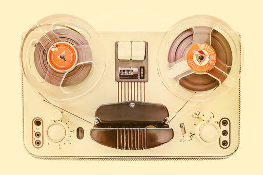 Retro styled sepia image of a vintage tape recorder from the sixties
