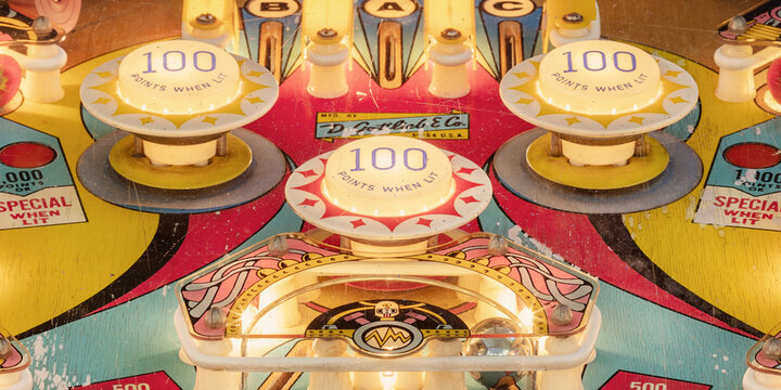 Close up of a vintage illuminated pinball machine on September 3, 2021 in Drempt, The Netherlands