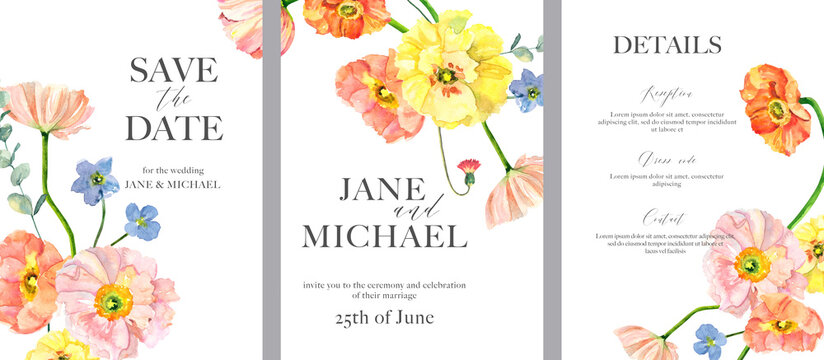 Hand painted watercolor floral bouquet. Iceland Poppies, eucalyptus and blue flowers illustration isolated on white background. Premade wedding invitation template, cards, banners 