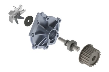 Car water pump exploded view 3D rendering isolated on white