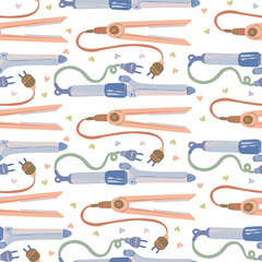 Various hair care items, styling iron, curling iron. Vector seamless Pattern. Light Background, wallpaper, cartoon style
