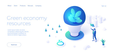 Green economy and environment protection concept in isometric vector illustration. Esg and climate change. Sustainable power for clean earth environment