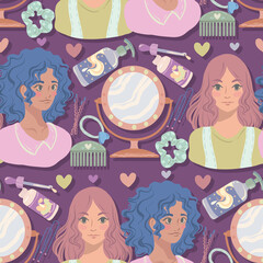 Various hair care items, girls in front of a mirror, balm, comb, elastic and hairpins, hair oil. Vector seamless Pattern. Dark background, wallpaper, cartoon style