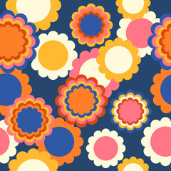 Hippie retro vector seamless pattern. Nostalgic 70s groovy print with geometric flowers. Vintage floral background. Textile and surface design in old fashioned colors