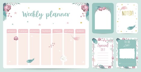 cute weekly planner background with flower,feather.Vector illustration for kid and baby - Powered by Adobe