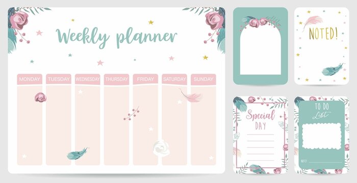 cute weekly planner background with flower,feather.Vector illustration for kid and baby