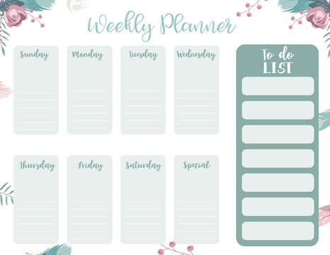 cute weekly planner background with flower,feather.Vector illustration for kid and baby
