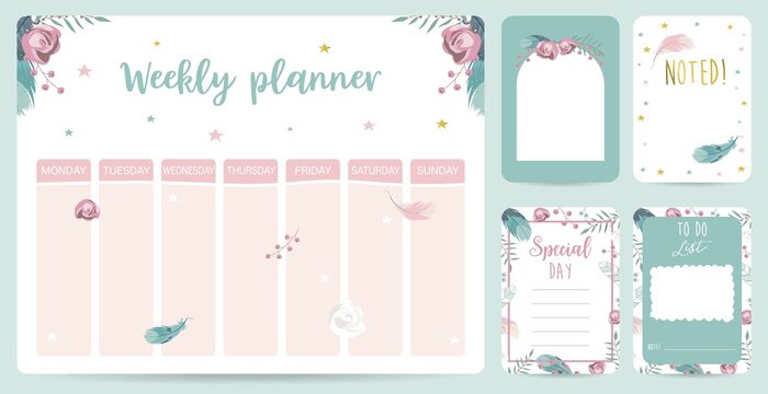 cute weekly planner background with flower,feather.Vector illustration for kid and baby