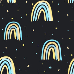 abstract seamless pattern with blue and yellow watercolor shapes on a dark background
