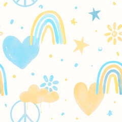 abstract seamless pattern with blue and yellow watercolor shapes 

