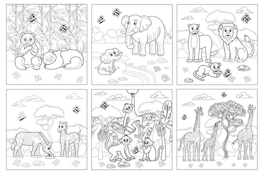 Set of big coloring book with zoo animals. Zoo animals set. Pandas, giraffes, elephants, zebras, elephants, penguins, monkeys, parrots, flamingos in cartoon style for kids.