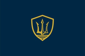 Trident spear logo design shield golden luxury king poseidon icon symbol