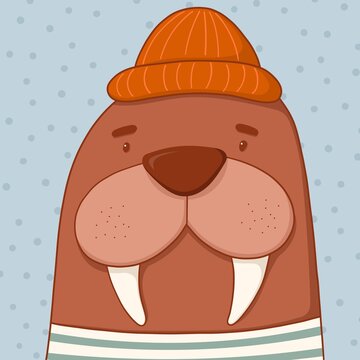 Postcard with walrus in vest and hat