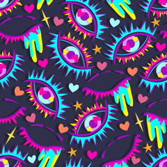 1970 style. Psychedelic eyes, neon colors. Vector seamless Pattern. Dark background, wallpaper, cartoon style