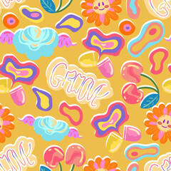 Groovy retro style. Hippie elements. Various stickers, cherries, cloud, chamomile, vitamin. Vector seamless Pattern. Yellow background, wallpaper, cartoon style