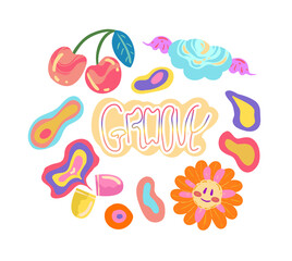 Groovy retro style. Vector illustration. Hippie elements. Various stickers, cherries, cloud, chamomile, vitamin. Postcards, stickers, posters. Cartoon style