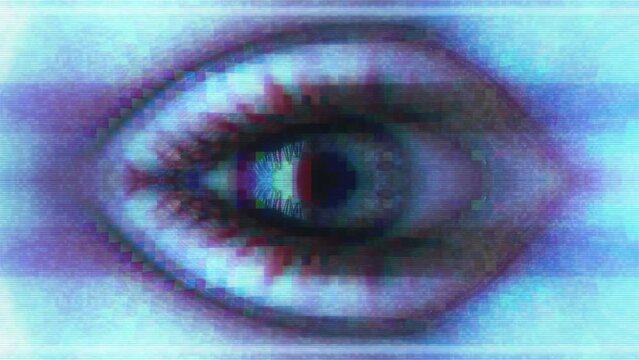 Trippy video of an eye with digital effects depicting third eye or surveillance. Apt for scary, technology or sci fi videos.