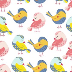 Colorful birds seamless pattern. Exotic birds in different print poses. Vector illustration.