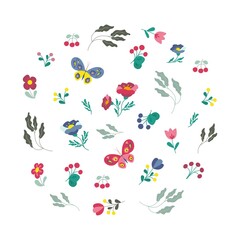 Colored butterflies and various flowers set, plants and twigs. Vector illustration in flat style.