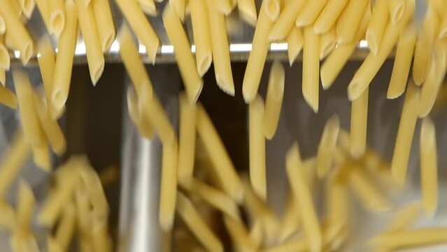 Macaroni factory. Production cycle of making pasta. Pasta is pouring and rolling stream in slow motion. Industrial line for production of vermicelli. Top view of production equipment. Close up.