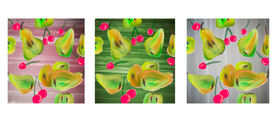 Fototapeta na wymiar Illustration with pears and cherries on a pink green and gray bright background