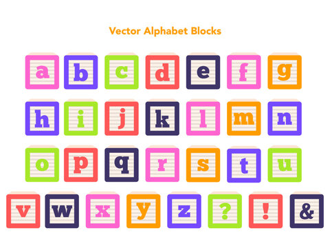 Set of colorful cartoon flat vector alphabet baby blocks. Font made of ABC cubes with letters. 